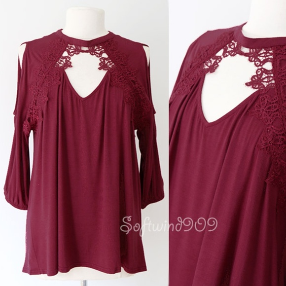 Burgundy Wine Lace Cutout Cold Shoulder Soft Top - Picture 2 of 8